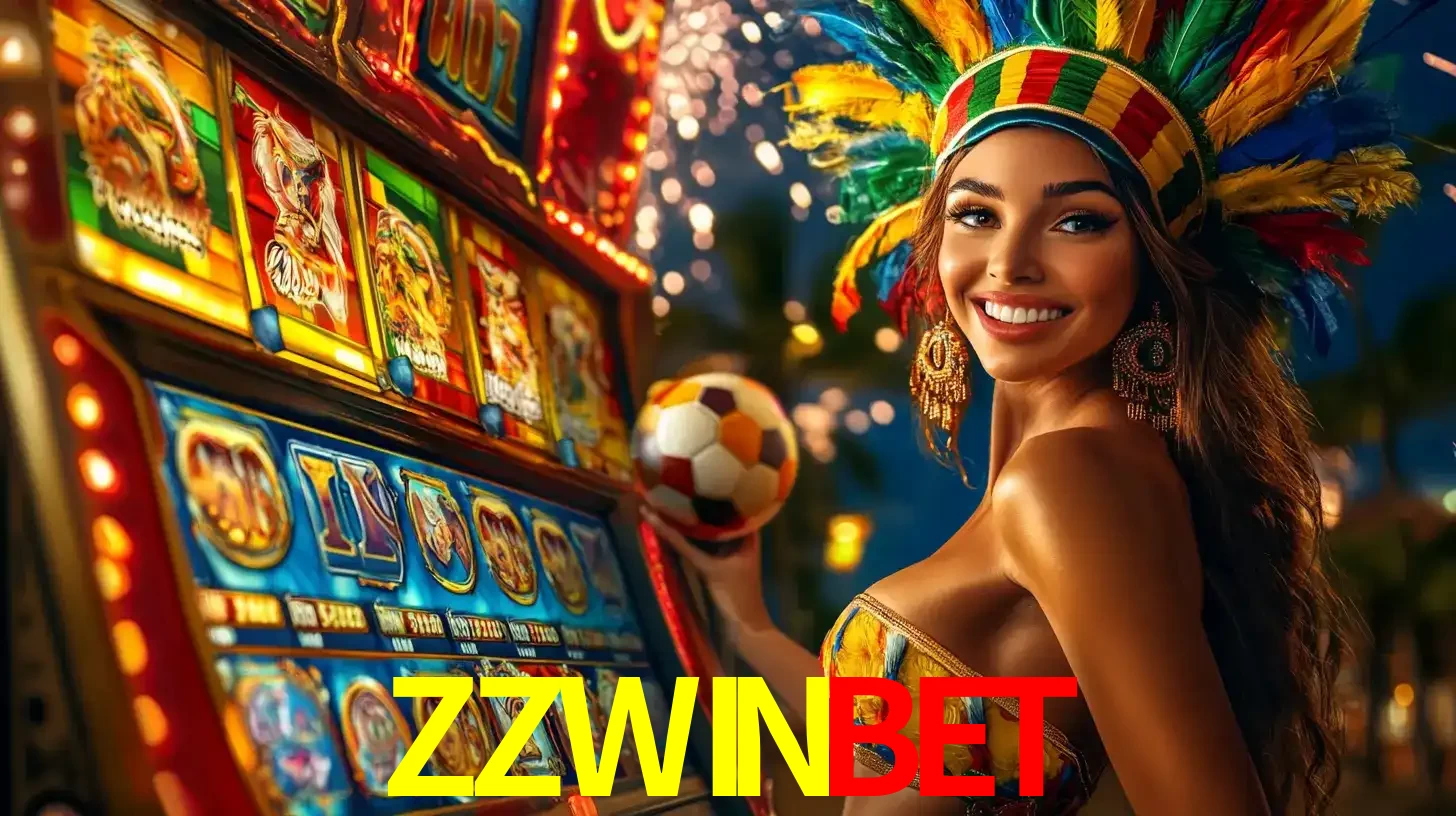 Mulher com um cocar de carnaval ao lado de uma máquina de caça-níqueis enquanto segura uma bola de futebol, mostrando a união da diversão de cassino e esportes no ZZWINBET.