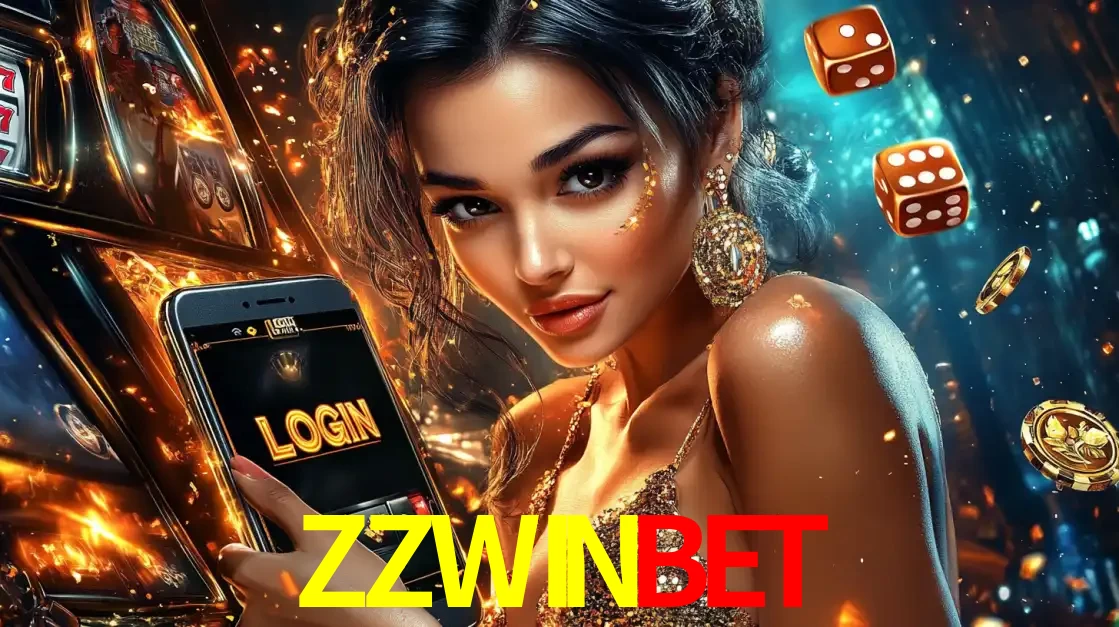 Mulher glamourosa segurando um celular com a tela de login do cassino ZZWINBET, rodeada por dados e moedas douradas, pronta para começar a diversão.
