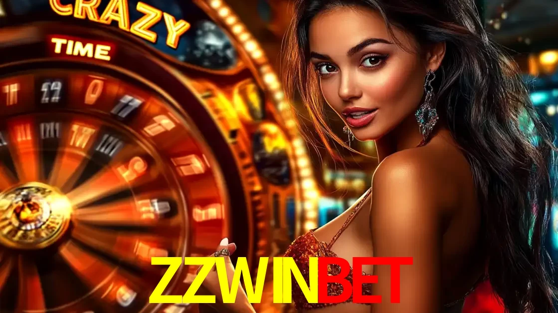 Mulher ao lado da roda de prêmios do jogo de cassino ao vivo Crazy Time, um dos shows de jogos mais emocionantes oferecidos pela plataforma de apostas ZZWINBET.