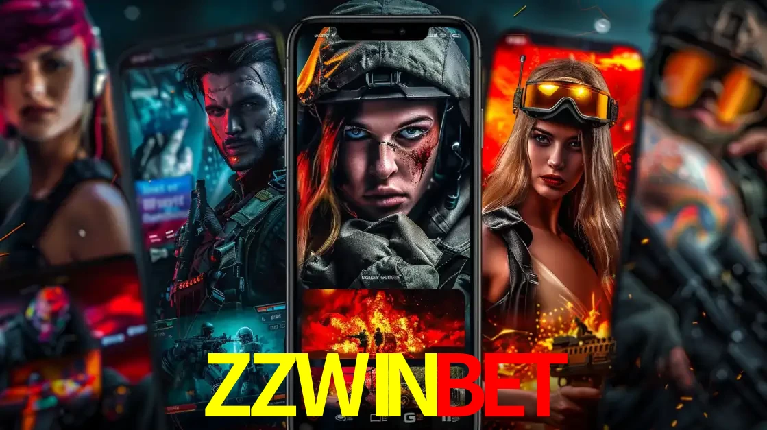 Montagem de telas de celular mostrando diversos personagens, masculinos e femininos, de um jogo de tiro, ilustrando a diversidade de equipes de e-sports para apostar no ZZWINBET.