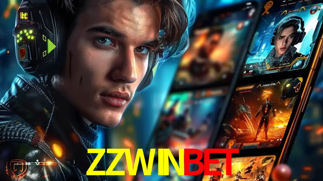 Jovem jogador com fones de ouvido olhando para a câmera, com um aplicativo de jogos e e-sports para celular ao fundo, pronto para a competição e apostas no ZZWINBET.