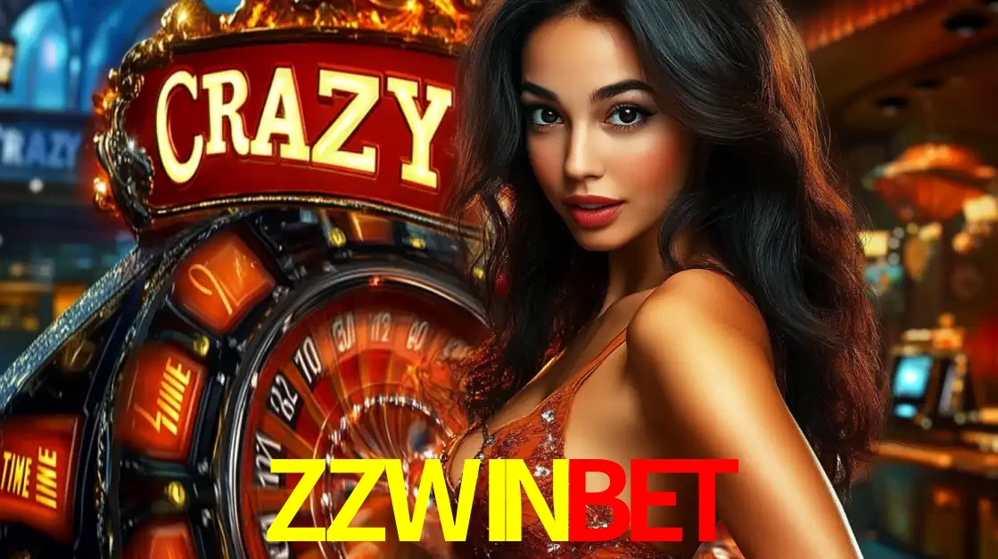 Mulher glamourosa olhando para a câmera com a roda vermelha do Crazy Time ao fundo em um ambiente de cassino, destacando a emoção dos jogos ao vivo no ZZWINBET.