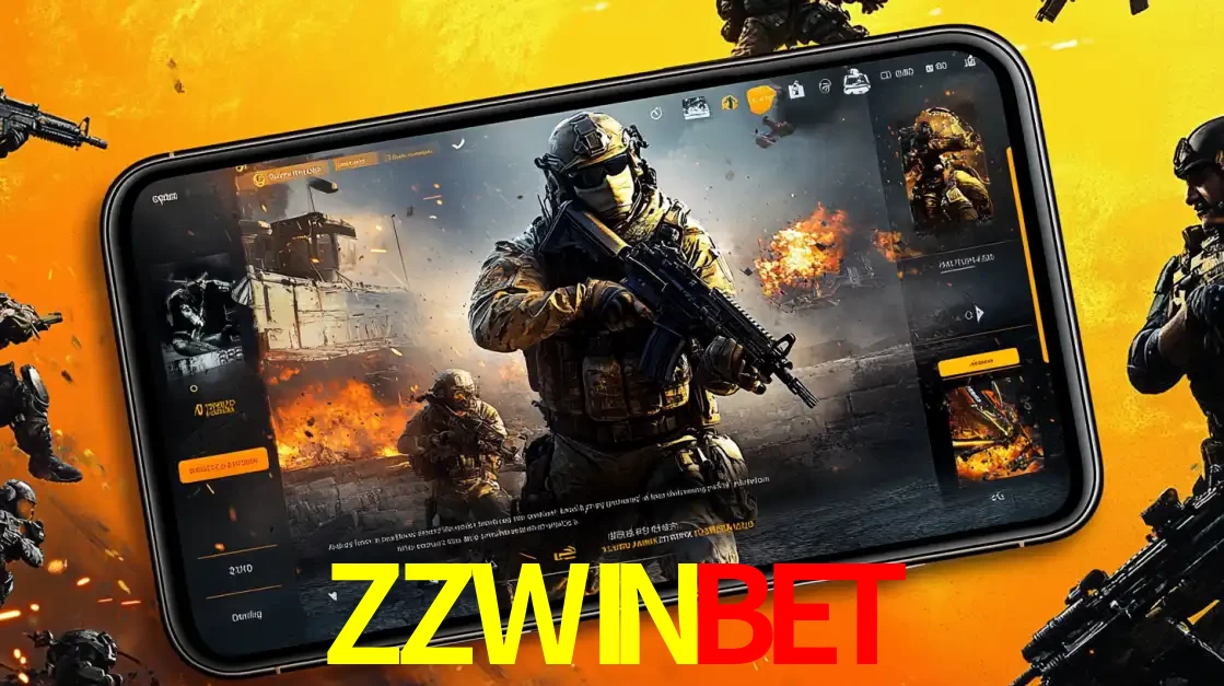 Um smartphone exibindo a interface de um jogo de tiro em primeira pessoa, com um soldado em um cenário de batalha, representando a ação dos e-sports para apostar no ZZWINBET.