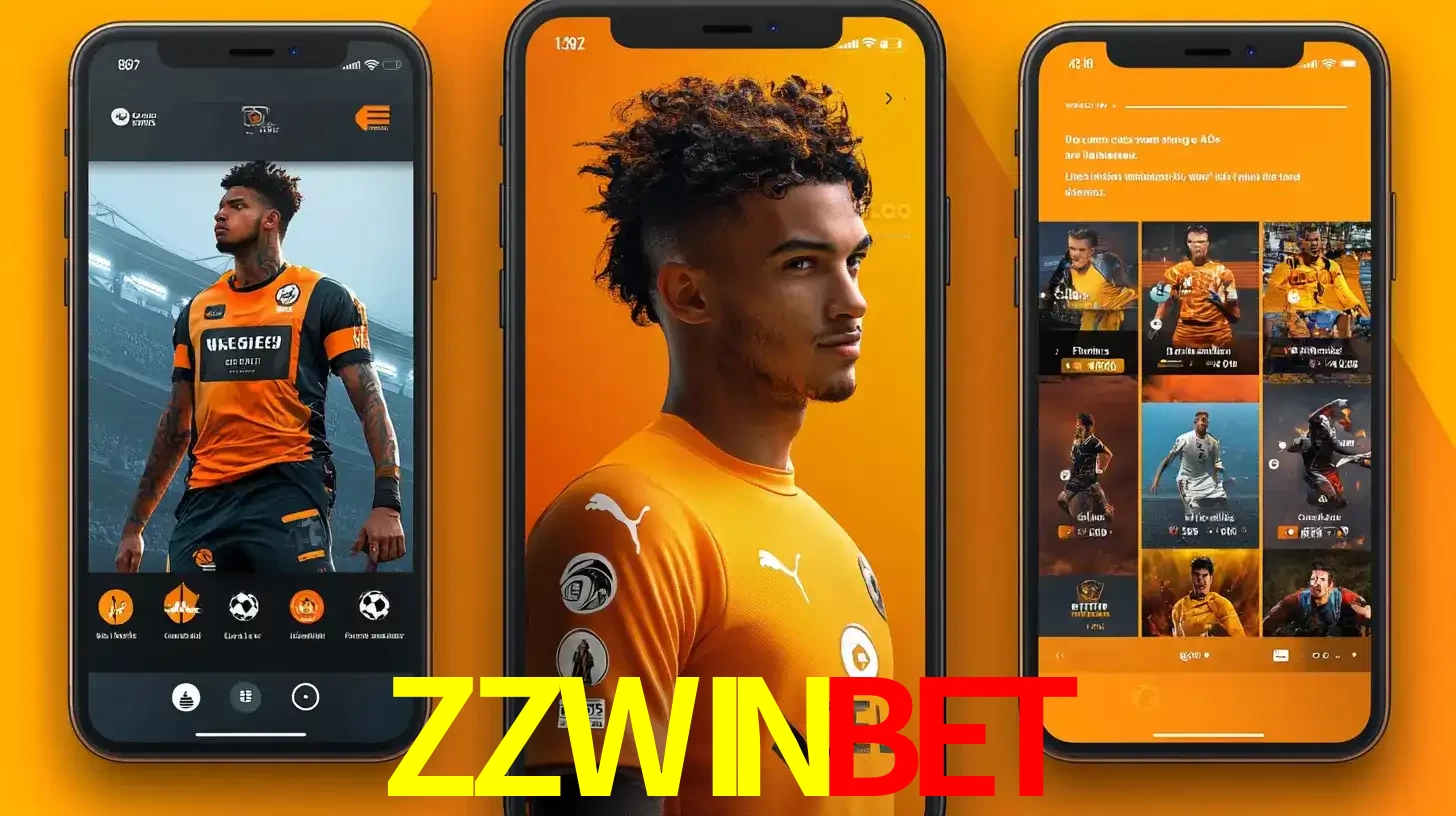Interface do aplicativo de apostas esportivas ZZWINBET em três telas de celular, mostrando o perfil de um jogador de futebol e a lista de jogos disponíveis para apostar.