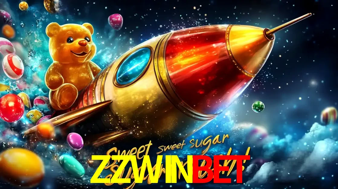 Arte promocional do jogo de slot Sugar Rush, com um urso de pelúcia em um foguete viajando pelo espaço de doces, um dos jogos divertidos disponíveis no cassino ZZWINBET.