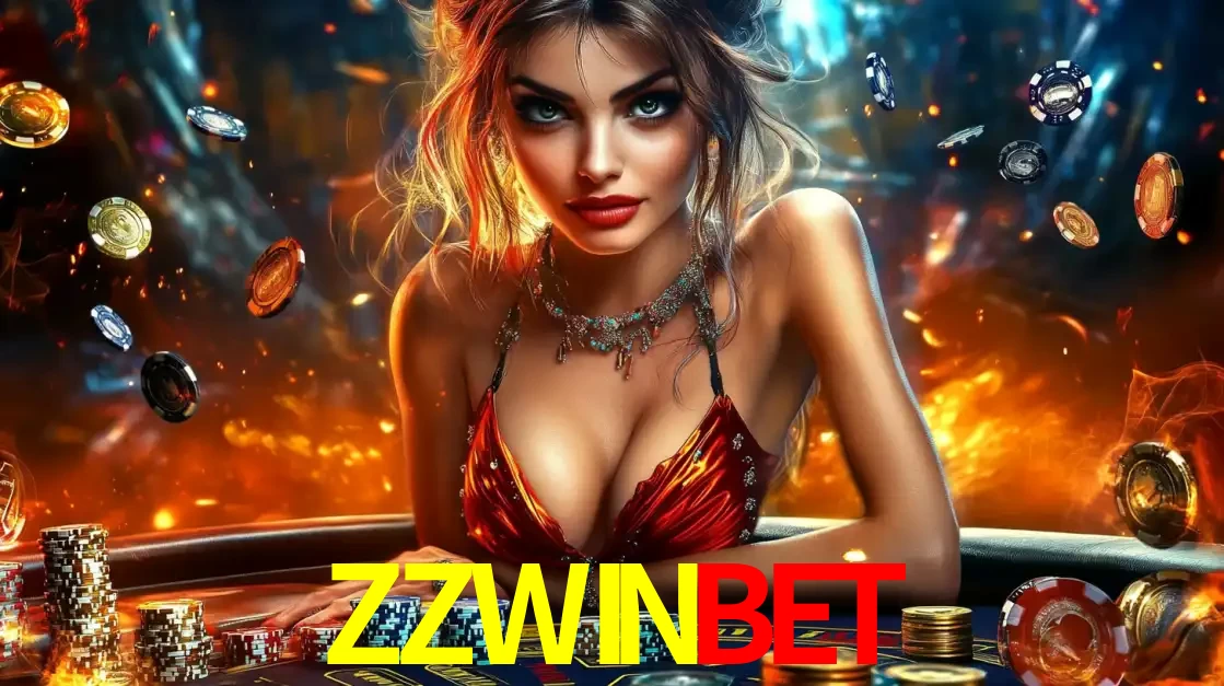 Mulher em uma mesa de cassino com pilhas de fichas e um fundo de fogo, pronta para uma rodada de altas apostas nos jogos de mesa emocionantes do cassino ZZWINBET.