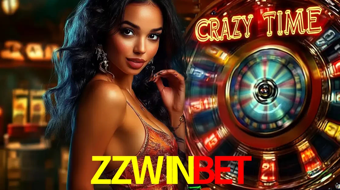 Mulher elegante ao lado da vibrante roda da fortuna do jogo de cassino ao vivo Crazy Time, um dos game shows mais populares e cheios de prêmios do ZZWINBET.
