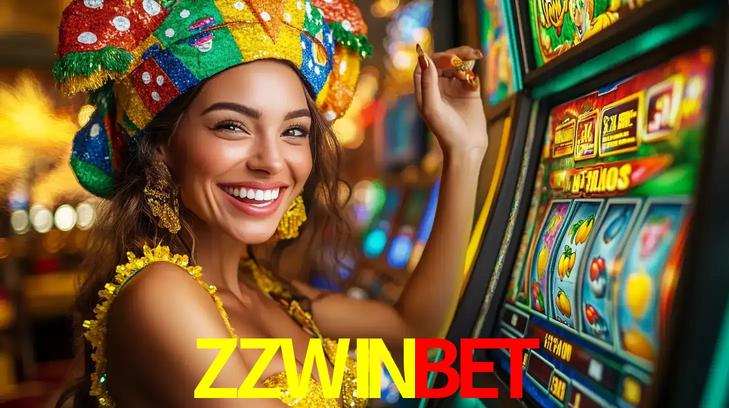 Mulher feliz com traje de carnaval amarelo e colorido ao lado de uma máquina de caça-níqueis, aproveitando a diversão e os jogos temáticos do cassino ZZWINBET.