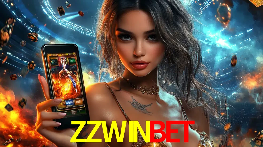 Mulher segurando um celular com um jogo de slot em destaque, tendo como fundo um estádio vibrante, simbolizando a emoção de jogar no cassino móvel ZZWINBET.